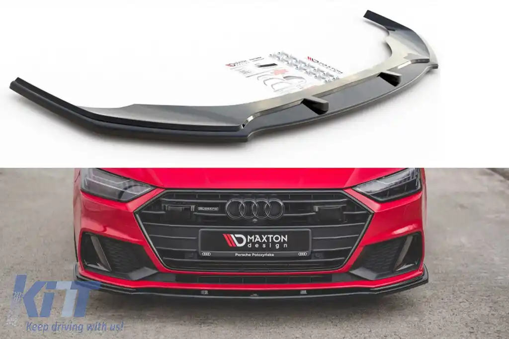 Spoiler Maxton Design versiunea 2 potrivit pentru bara de protecție frontală S-Line pe Audi A7 C8 după 2017, lac negru