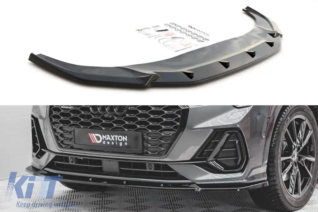 Spoiler Maxton Design versiunea 2 potrivit pentru bara de protecție frontală S-Line a Audi Q3 Sportback după 2019, lac negru