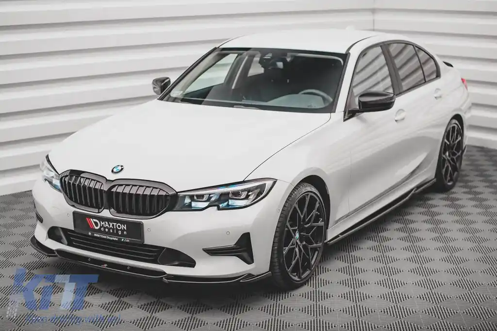 Spoiler Maxton Design versiunea 2 potrivit pentru bara de protecție frontală standard a BMW Seria 3 G20 sedan, G21 break după 2018, lac negru