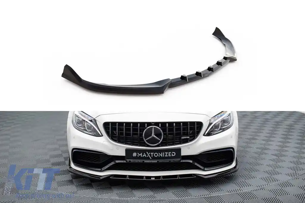 Spoiler Maxton Design versiunea 2 potrivit pentru bara de protecție frontală A Design pe Mercedes C63 W205 sedan, S205 break 2015-2018, lac negru