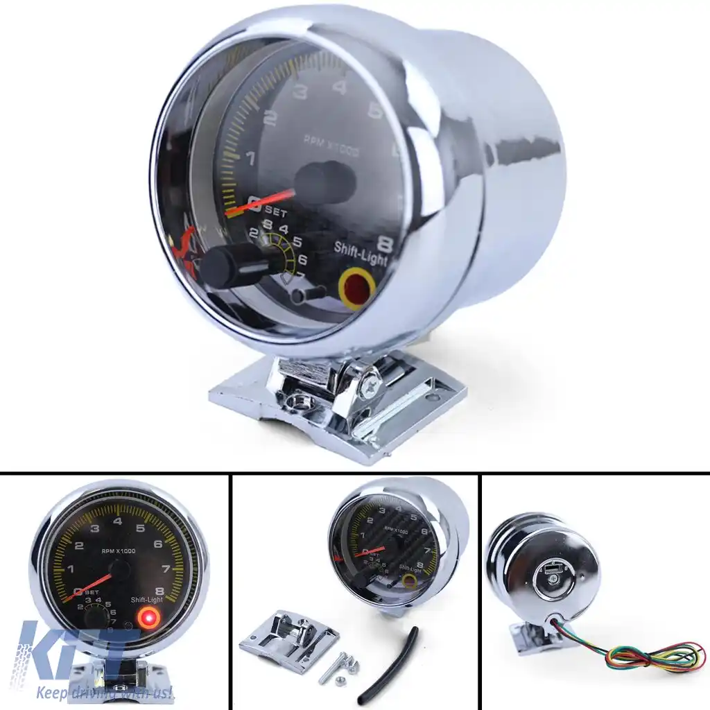 Tachometru de 3,5 inch Performance cromat cu lumina de schimbare și cadran din carbon