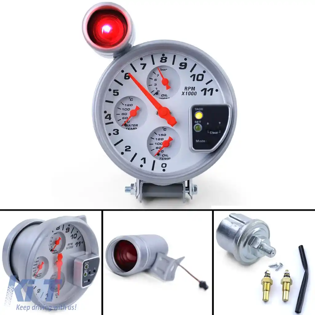 Tachometru de 5 inch pentru curse – temperatură ulei, temperatură apă, presiune ulei, lumina de schimbare