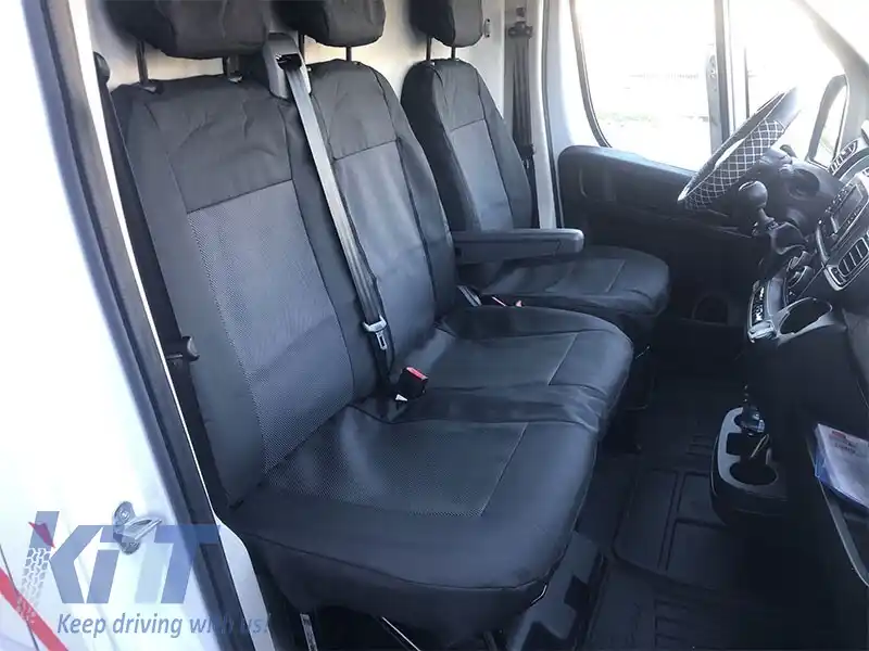Tapițerie Kegel potrivită pentru scaunele Fiat Ducato, Citroen Jumper, Peugeot Boxer pentru scaun singular + dublu, neagră cu gri-image-6212291
