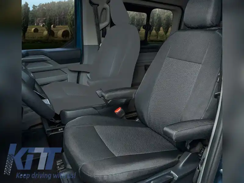 Tapițerie Kegel Tailor Made potrivită pentru un singur scaun de șofer cu două cotlere pentru Ford Transit Custom, Tourneo Custom, Volkswagen T7 după 2024, neagră cu gri
