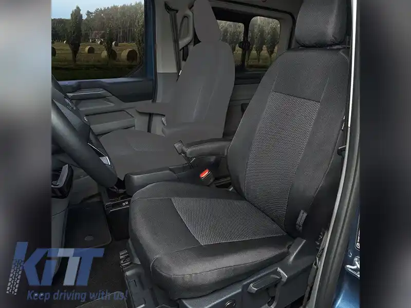 Tapițerie Kegel Tailor Made potrivită pentru un singur scaun de șofer cu un cotieră pentru Ford Transit Custom, Tourneo Custom, Volkswagen T7 după 2024, negru cu gri