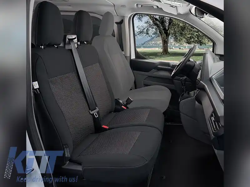 Tapițerie Kegel Tailor Made potrivită pentru două scaune din față 1+1 pe Ford Transit Custom, Volkswagen T7 după 2024, neagră cu gri
