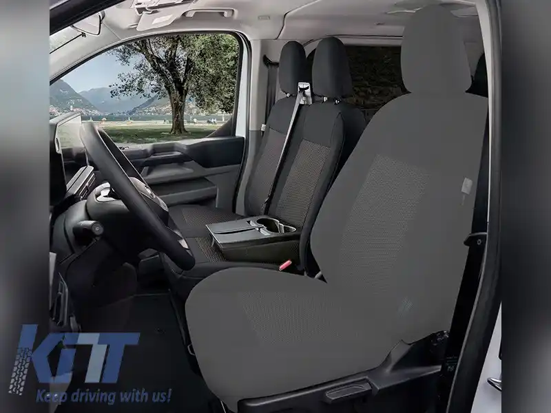 Tapițerie Kegel Tailor Made potrivită pentru două scaune din față 1+1 cu masă pentru Ford Transit Custom, Volkswagen T7 după 2024, neagră cu gri
