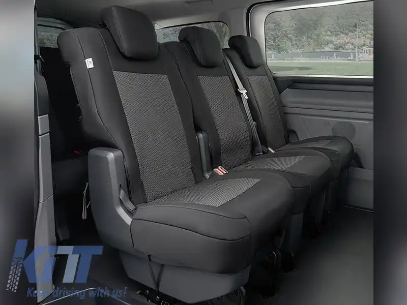 Tapițerie Kegel Tailor Made potrivită pentru rândul secund de scaune 1+1+1 pe Ford Transit Custom, Volkswagen T7 după 2024, neagră cu gri