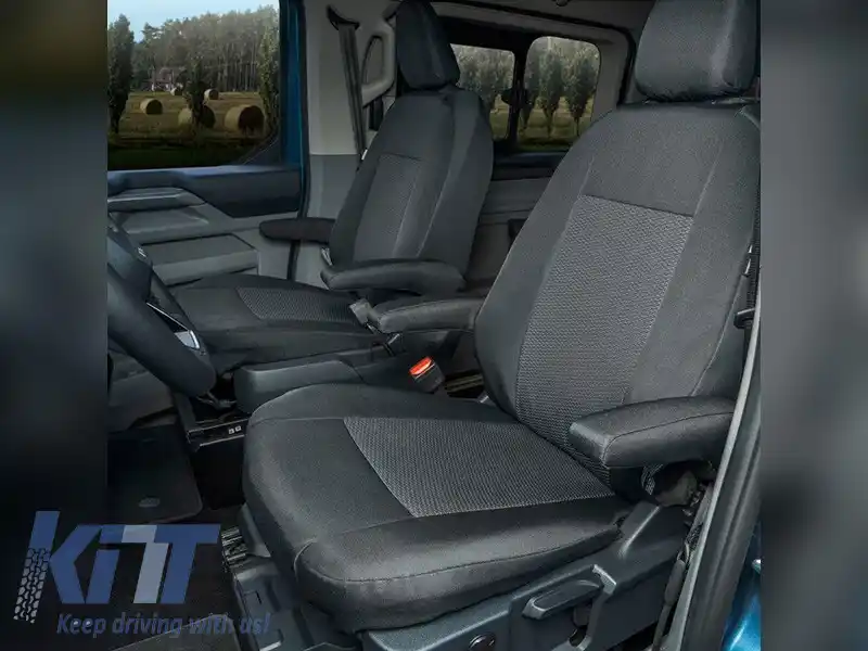 Tapițerie Kegel Tailor Made potrivită pentru două scaune din față 1+1 cu patru cotieră pentru Ford Tourneo Custom, Volkswagen T7 după 2024, neagră cu gri
