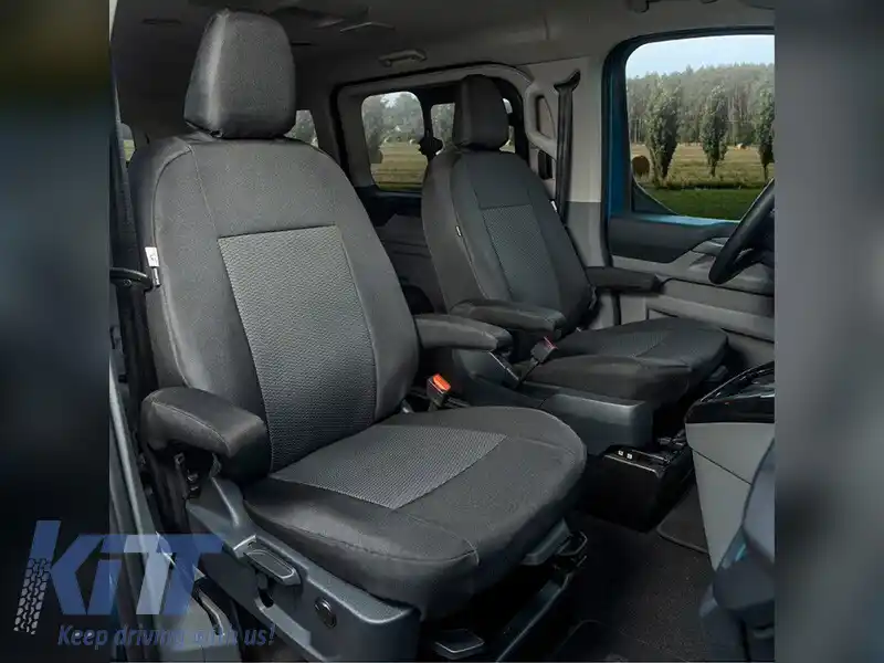Tapițerie Kegel Tailor Made potrivită pentru două scaune din față 1+1 cu patru cotieră pentru Ford Tourneo Custom, Volkswagen T7 după 2024, neagră cu gri-image-6212368