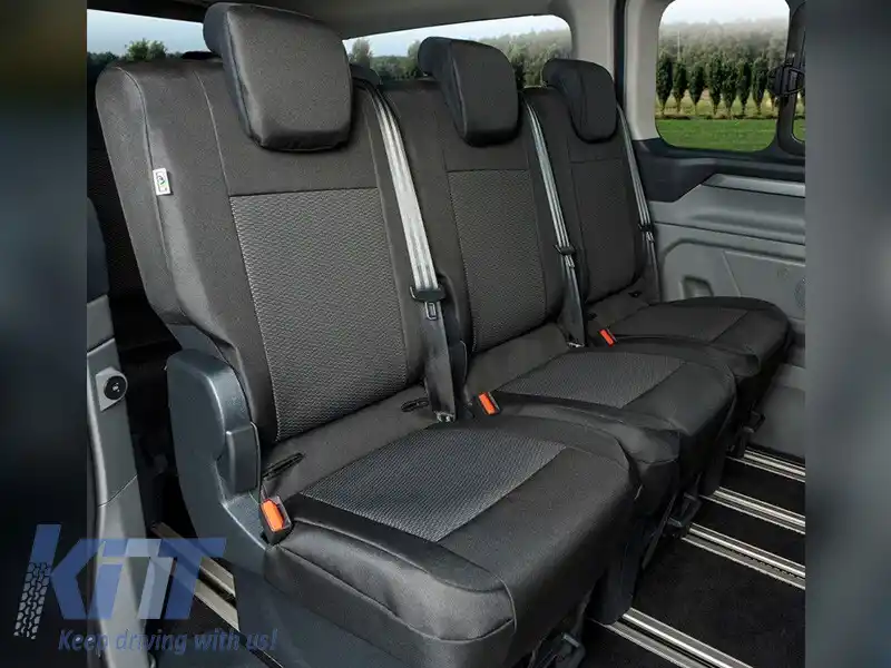 Tapițerie Kegel Tailor Made potrivită pentru rândul secund de scaune 1+1+1 pe Ford Tourneo Custom, Volkswagen T7 după 2024, neagră cu gri