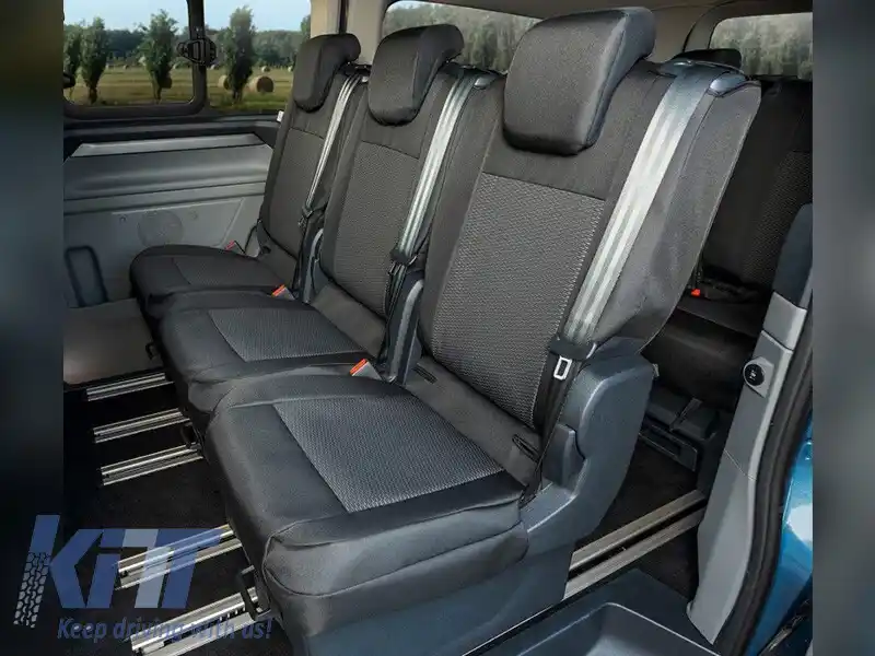 Tapițerie Kegel Tailor Made potrivită pentru rândul secund de scaune 1+1+1 pe Ford Tourneo Custom, Volkswagen T7 după 2024, neagră cu gri-image-6212373