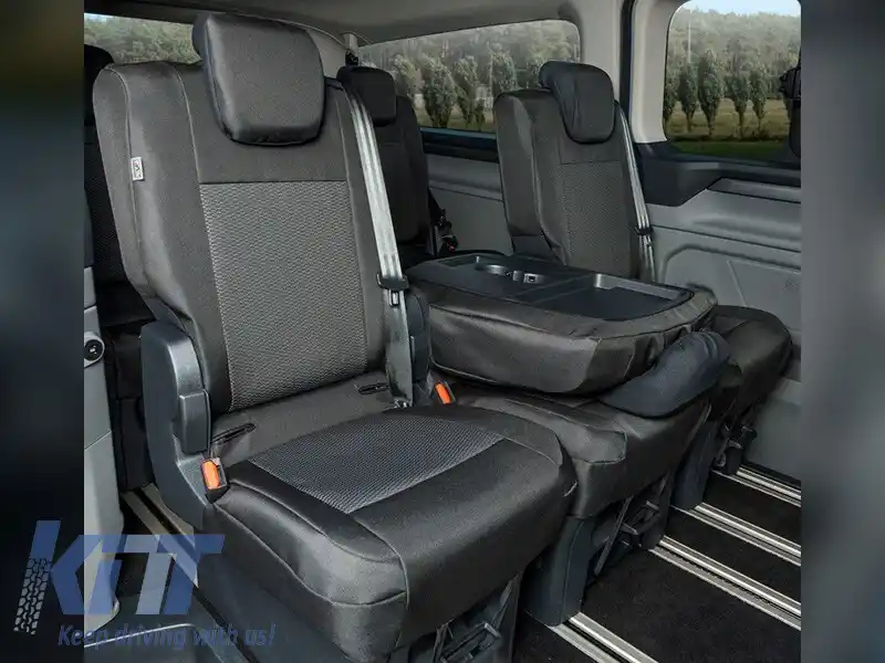 Tapițerie Kegel Tailor Made potrivită pentru rândul secund de scaune 1+1+1 pe Ford Tourneo Custom, Volkswagen T7 după 2024, neagră cu gri-image-6212374