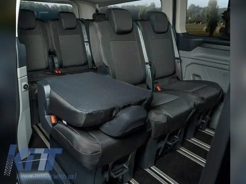 Tapițerie Kegel Tailor Made potrivită pentru rândul secund de scaune 1+1+1 pe Ford Tourneo Custom, Volkswagen T7 după 2024, neagră cu gri-image-6212375