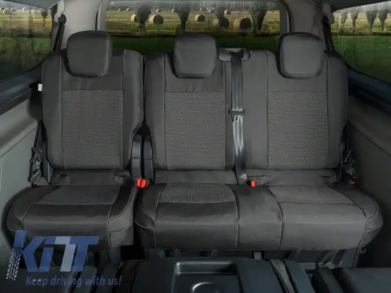 Tapițerie Kegel Tailor Made potrivită pentru scaunele din a treia linie 1+2 ale Ford Tourneo Custom, Volkswagen T7 după 2024, neagră cu gri