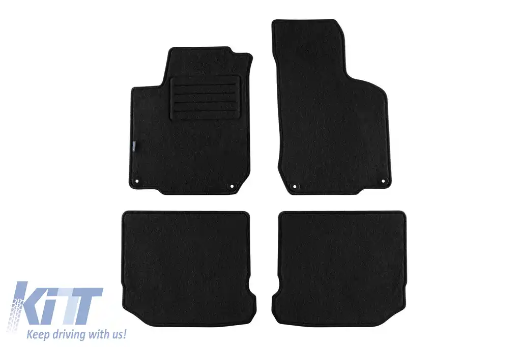 Tălpi de mochetă cu două straturi de la Petex, țesătură Rex potrivită pentru VW Golf IV 1998-2003, Beetle 1998-2011, Bora 1998-2005, negre cu deschideri rotunde, set de 4 bucăți