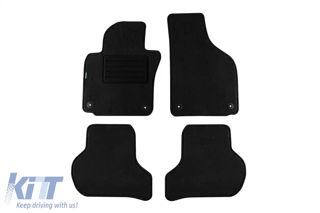 Tălpi de mochetă cu două straturi, potrivite pentru VW Golf V 2003-2008, Golf VI 2008-2012, Scirocco 2008-2017, Jetta 2007-2010, negre cu deschideri rotunde, set de 4 bucăți.