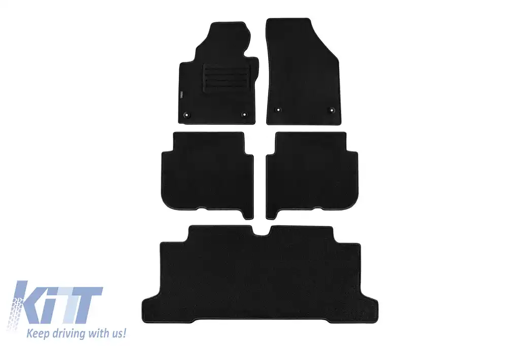 Tălpi de mochetă cu două straturi, potrivite pentru VW Touran 2007-2015, cu 7 locuri, cu deschideri ovale, set de 5 piese, negre
