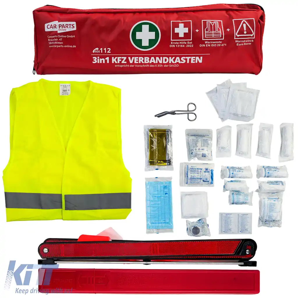 image-49-Trusă de prim ajutor auto set 3 în 1 prim ajutor DIN 13164 + vestă de siguranță + triunghi de avertizare
