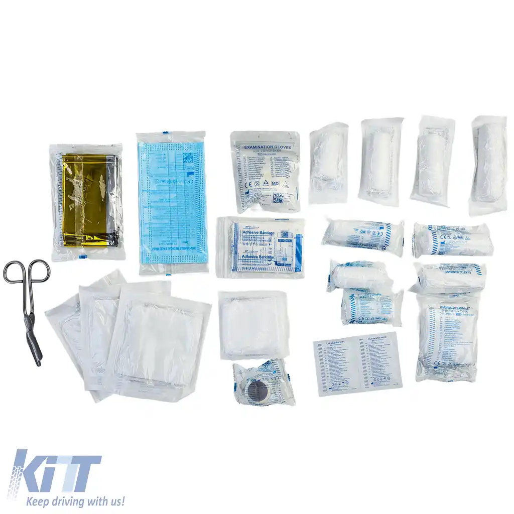 Trusă de prim ajutor auto set 3 în 1 prim ajutor DIN 13164 + vestă de siguranță + triunghi de avertizare-image-6205713
