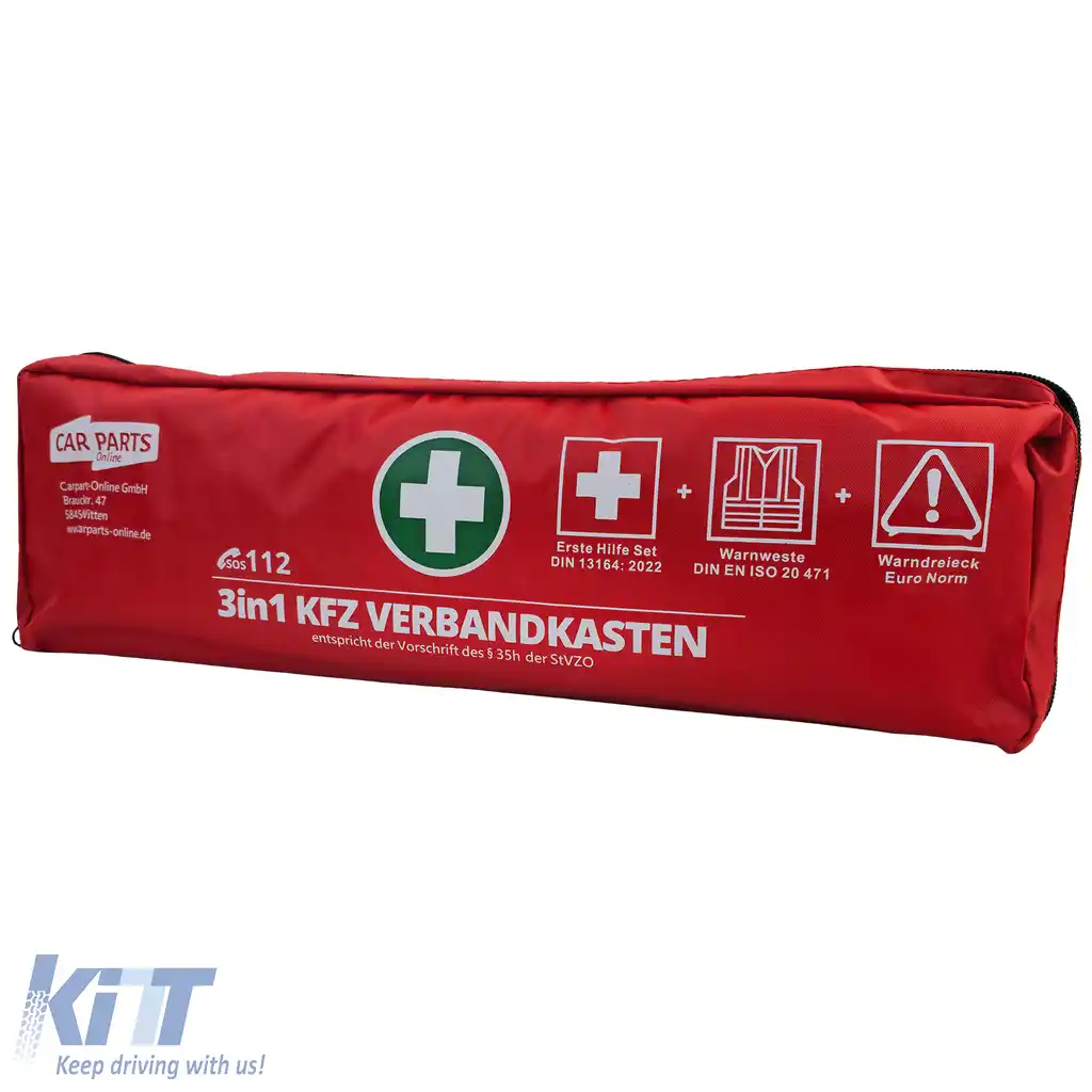 Trusă de prim ajutor auto set 3 în 1 prim ajutor DIN 13164 + vestă de siguranță + triunghi de avertizare-image-6205716