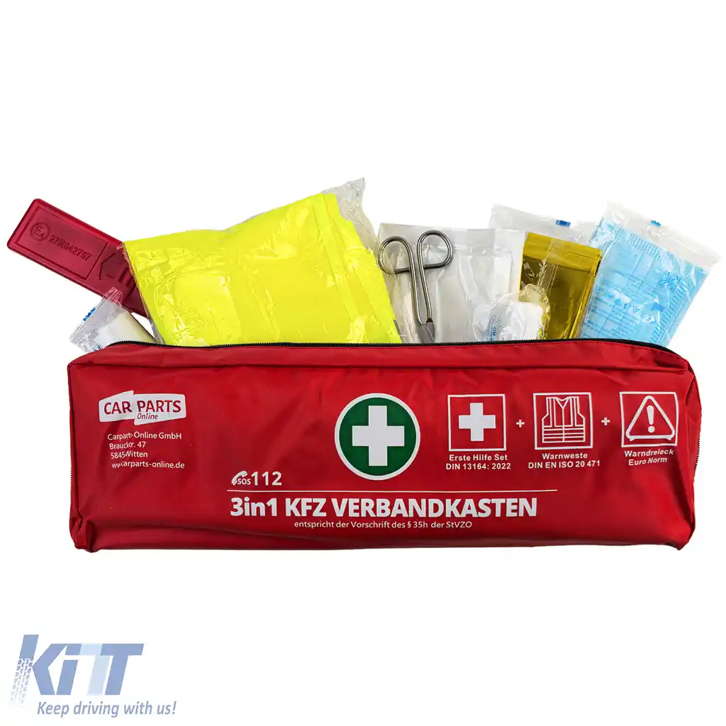 Trusă de prim ajutor auto set 3 în 1 prim ajutor DIN 13164 + vestă de siguranță + triunghi de avertizare-image-6205717