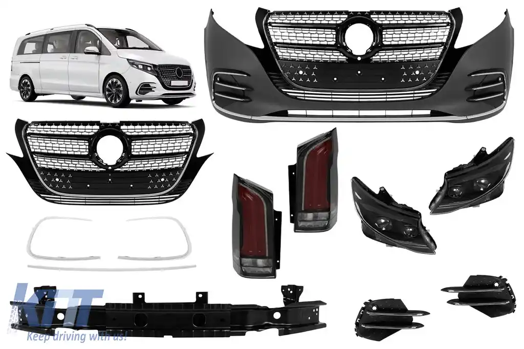 Un kit de tuning de tip Facelift Design Line 25 potrivit pentru Mercedes V-Class W447 2014-2023 cu faruri și stopuri