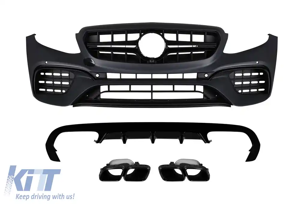Un pachet A Design tip E63 potrivit pentru Mercedes E-Class C238 coupe, A238 cabrio 2017-2019 cu ieșiri de evacuare negre, pentru modelul cu bara de protecție A Design spate