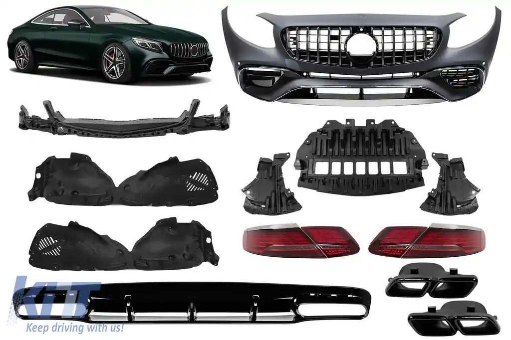 Un pachet de design tip 63 potrivit pentru Mercedes S-Class C217 coupe 2014-2017 cu lumini de stop LED viziune Facelift și țevi de eșapament negre pentru modelul echipat cu bara spate A Design Line.