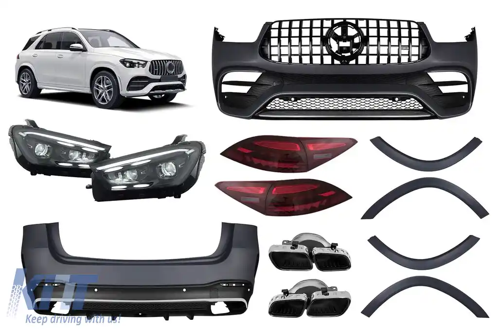Un pachet de design tip 63 potrivit pentru Mercedes GLE W167 2020-2023, cu bara spate, faruri LED și stopuri LED