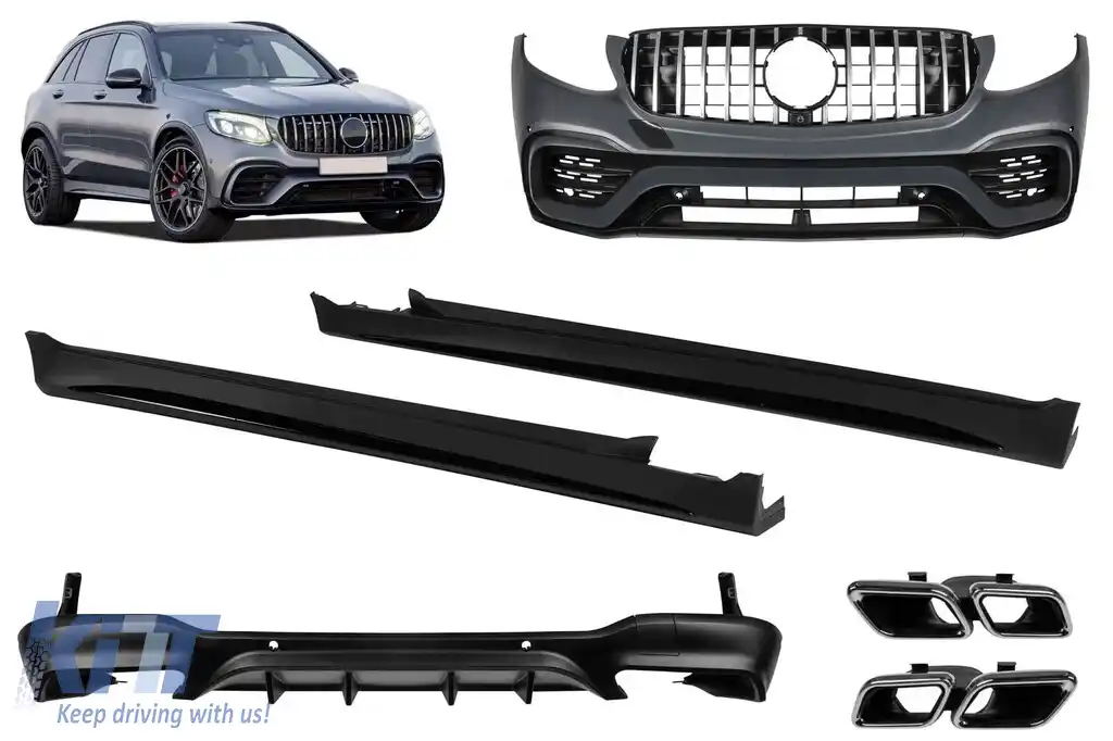 Un pachet de design tip 63 potrivit pentru Mercedes GLC X253 2015-2019 cu praguri laterale pentru modelul echipat cu bara spate A Design Line
