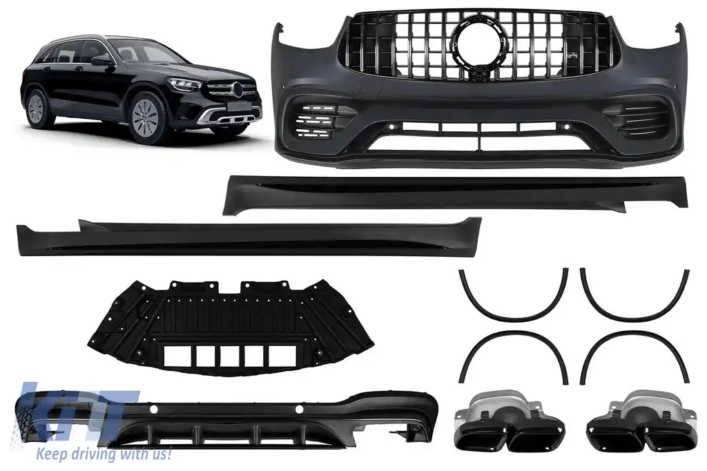 Un pachet de design tip 63 potrivit pentru Mercedes GLC SUV X253 2020-2022 cu praguri laterale și ieșiri de evacuare negre