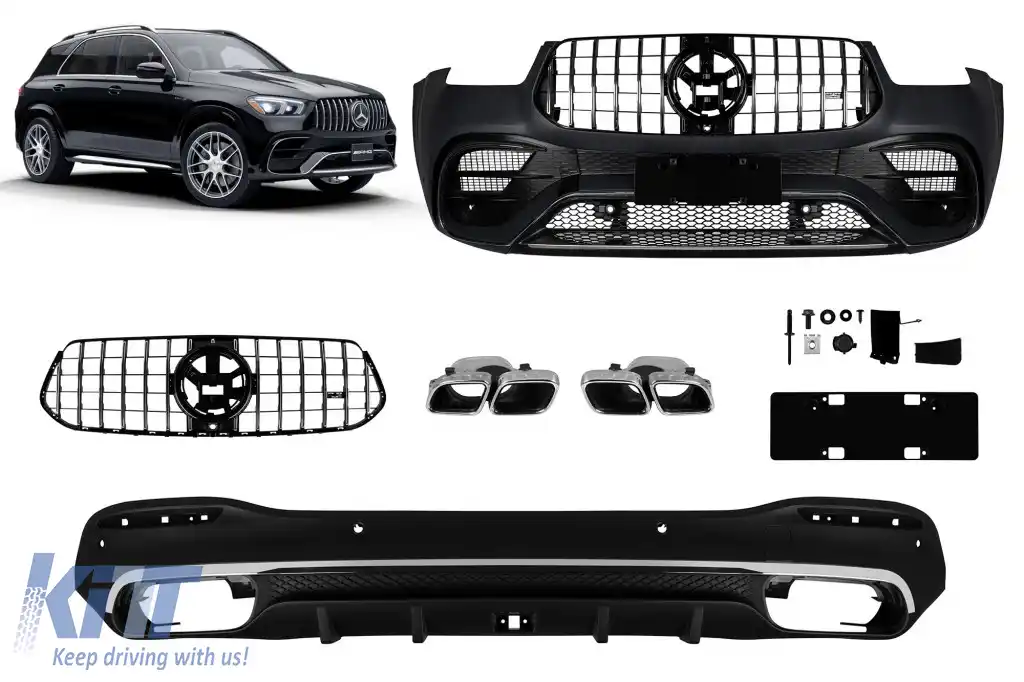 Un pachet de design tip 63 potrivit pentru Mercedes GLE SUV W167 2018-2023, după 2024 cu elemente cromate și capete cromate