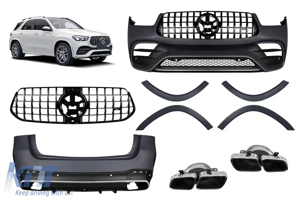Un pachet de design tip 63 potrivit pentru Mercedes GLE W167 SUV 2018-2023, după 2024 cu elemente cromate și duze cromate