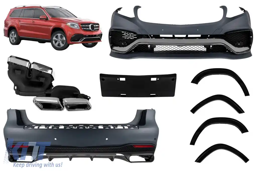 Un pachet de design tip 63 potrivit pentru Mercedes GLS X166 2015-2018 cu elemente cromate și țevi de eșapament