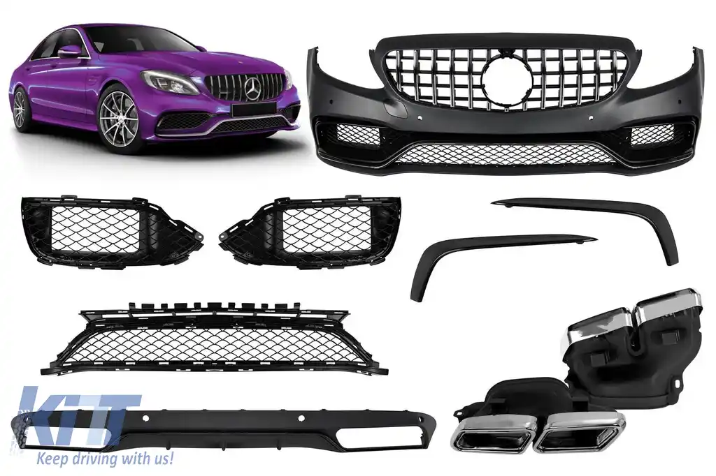 Un pachet de design tip C63 potrivit pentru Mercedes C-Class W205 sedan, S205 break 2013-2019 pentru modelul cu bara de protecție spate standard