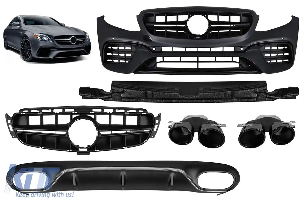 Un pachet de design tip E53 potrivit pentru Mercedes E-Class C238 coupe, A238 cabrio 2017-2019 cu țevi de eșapament negre și garnitură cromată, pentru modelul cu bara sport A Design spate.