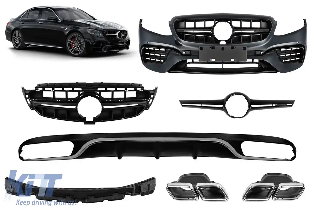Un pachet de design tip E63 potrivit pentru Mercedes E-Class W213 2016-2019 cu capete cromate și garnitură cromată, pentru modelul cu bara de protecție din spate standard.