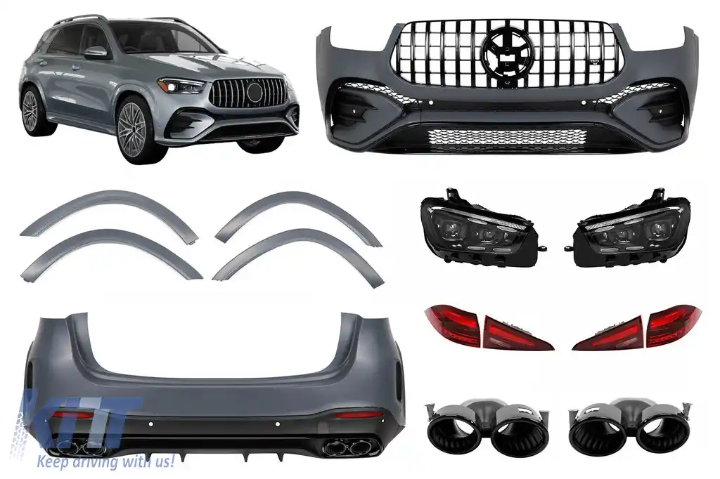 Un pachet de design tip GLE53 potrivit pentru Mercedes GLE SUV W167 2018-2023 cu bara spate, faruri LED și stopuri LED