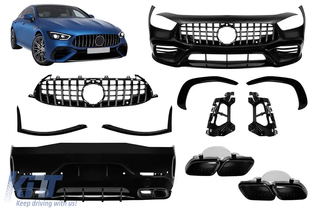 Un pachet de design tip GT63 cu grilă crom/neagră tip GT potrivit pentru Mercedes A Design GT X290 Coupe cu 4 uși după 2019