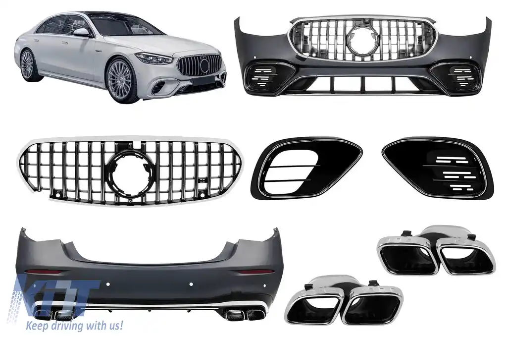 Un pachet de design tip S63 potrivit pentru Mercedes S-Class W223 după 2020 cu elemente cromate