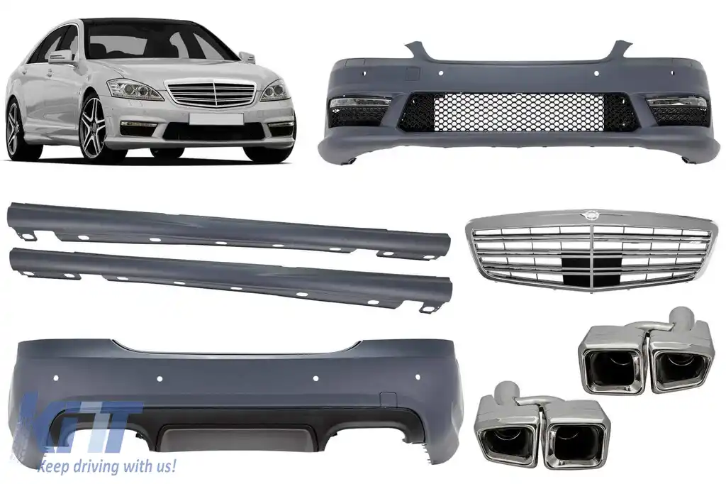 Un pachet de design tip S63 potrivit pentru Mercedes S-Class W221 cu ampatament lung 2006-2013, cu praguri laterale