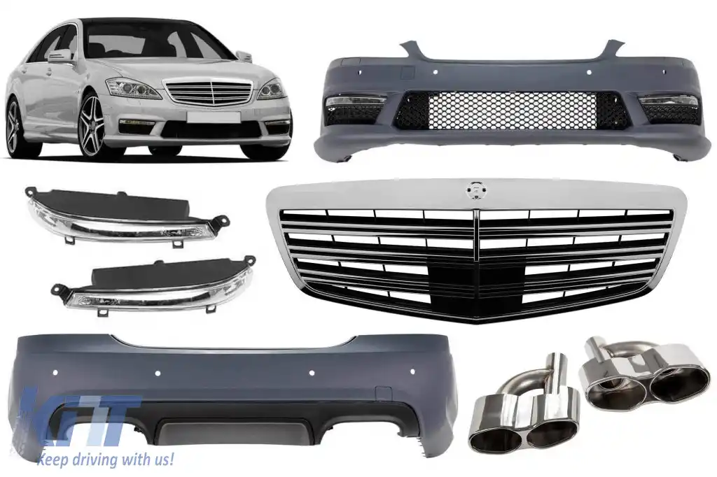 Un pachet de design tip S65 potrivit pentru Mercedes S-Class W221 2006-2013 pentru ampatamente scurt și lung, fără praguri laterale