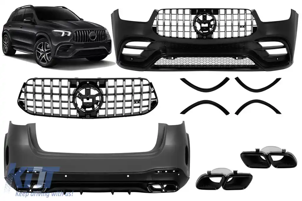 Un pachet de tip design 63 potrivit pentru Mercedes GLE W167 2019-2023, după 2024 cu grilă GT crom/negru și ieșiri de evacuare negre
