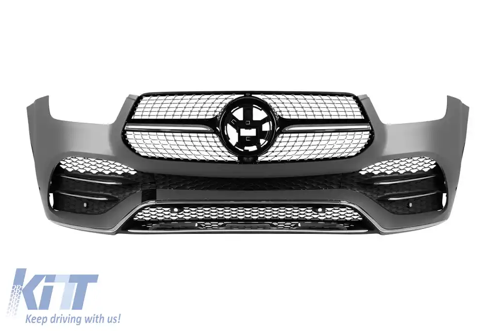 Un spoiler frontal Design Line potrivit pentru Mercedes GLE W167, GLE Coupe C167 2018-2023, după 2024, cu grilă diamant crom/negru.