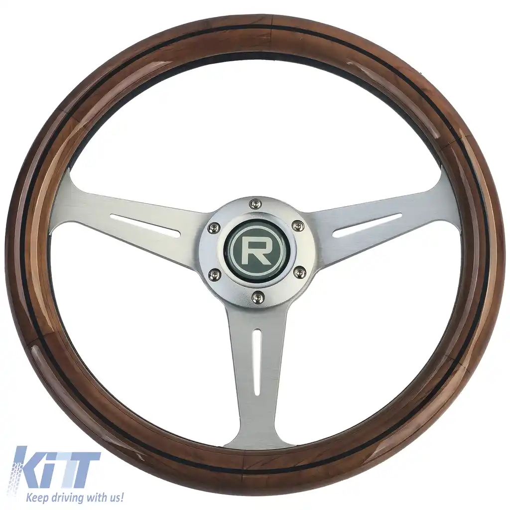 Volan din lemn de 35 de inci cu spițe argintii, stil vintage-image-6206748