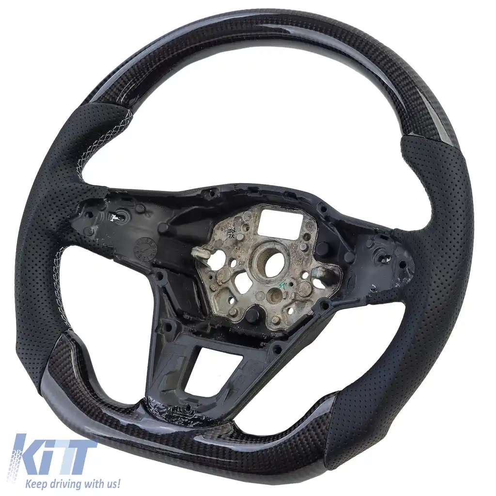 Volan sport cu fibră de carbon autentică și piele perforată, potrivit pentru VW Golf 8, cu padele de schimbare.