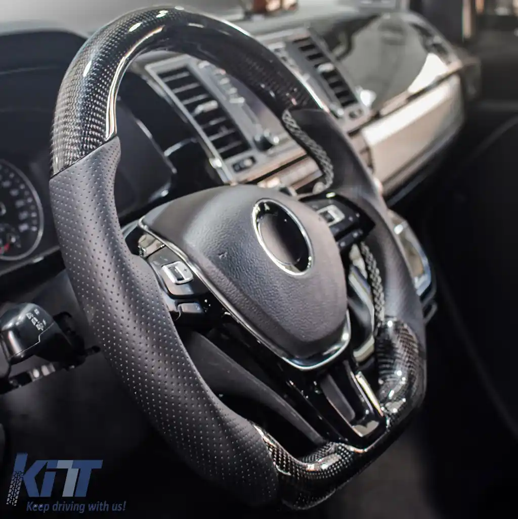 Volan sport cu fibră de carbon autentică și piele perforată, potrivit pentru VW Golf 8, cu padele de schimbare.-image-6193238