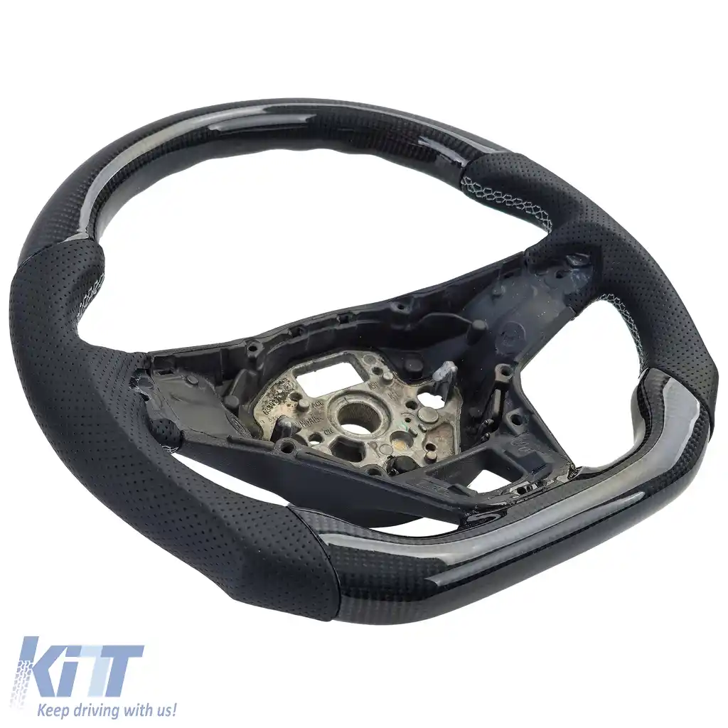 Volan sport cu fibră de carbon autentică și piele perforată, potrivit pentru VW Golf 8, cu padele de schimbare.-image-6193239