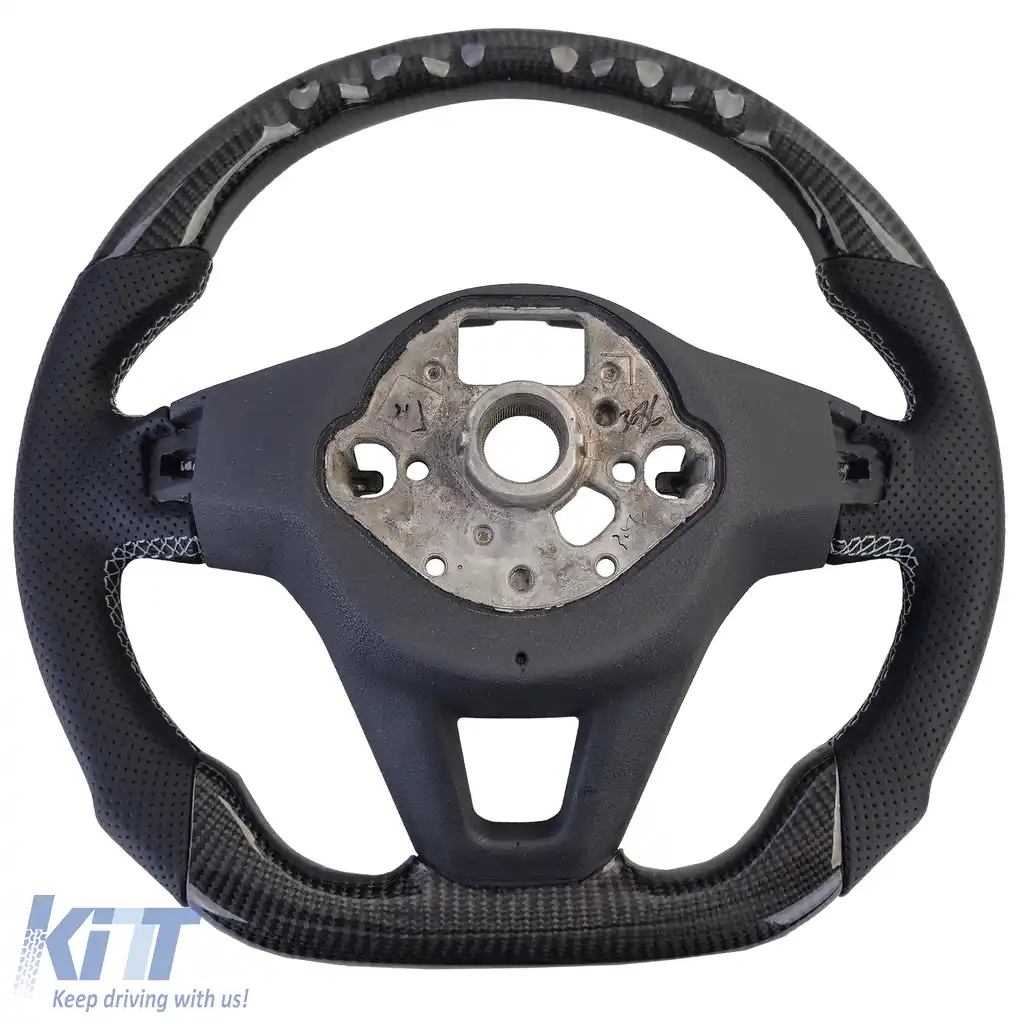 Volan sport cu fibră de carbon autentică și piele perforată, potrivit pentru VW Golf 8, cu padele de schimbare.-image-6193243